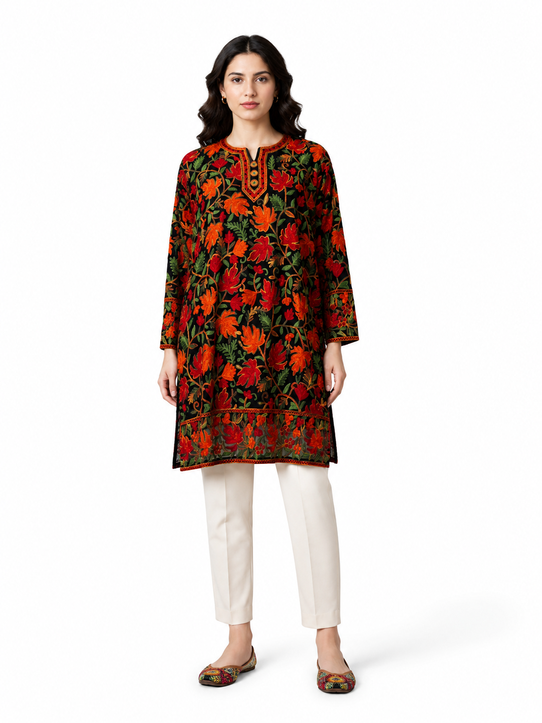 Noor : chinar embroidery summer kurti | Dark Green Georgette